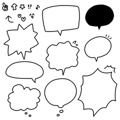 手書き風　いろいろなフキダシ・絵文字　白黒　セット