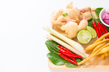 Thai herb ingredient, spicy food on white background with copyspace