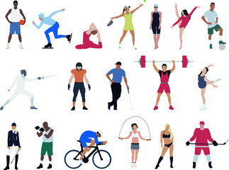 Fototapeta na wymiar Large set of male and female athletes performing various sports activities. Yoga, football, lifting, Boxing, tennis, skating, fencing and aerobics. Fitness and healthy lifestyle. Isolated vector.
