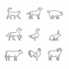 Farm animals and birds vector icons.  Pets, livestock and fowlsymbols. 