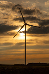 Silhouette of a modern windmill for electric power production in a field at sunset