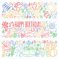 Vector set of cute creative illustration templates with birthday theme design. Hand Drawn for holiday, party invitations.Drawing on exercise notebook in colorful style.