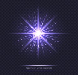 Light flare effect isolated on transparent background. Violet lens flare, sparkles, shining star with rays concept. Abstract luminous explosion.
