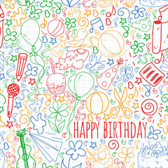 Vector set of cute creative illustration templates with birthday theme design. Hand Drawn for holiday, party invitations.Drawing on exercise notebook in colorful style.