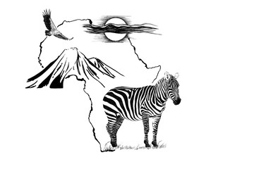 Zebra on Africa map background with Kilimanjaro mountain, vulture and sun