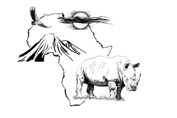 Rhino on Africa map background with Kilimanjaro mountain, vulture and sun