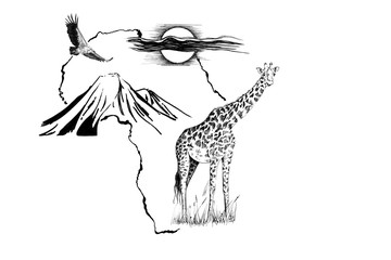 Obraz premium Giraffe on Africa map background with Kilimanjaro mountain, vulture and sun