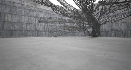 Empty dark abstract concrete smooth interior with wires . Architectural background. 3D illustration and rendering
