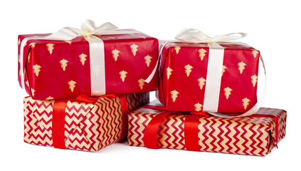Gift boxes wrapped in craft paper isolated on white background
