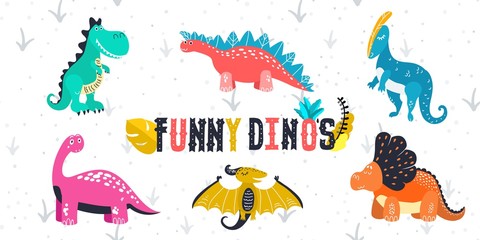 Adorable little dinosaur vector illustration for kids fashion, funny dino in cartoon style. Ideal for cards, invitations, party, banners, kindergarten, baby shower, preschool and children room