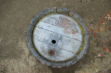 Old wine barrel. Vintage oak barrel made in 1842