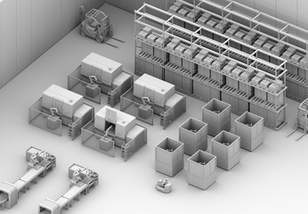 Clay rendering of dual-arm robot assembly motor coils in cell-production space. AGV, CNC machines at background. Smart factory concept in isometric view. 3D rendering image.