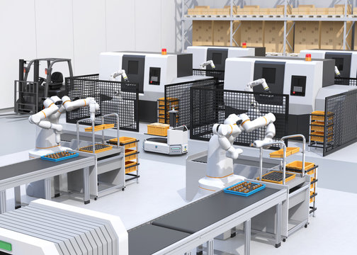 Dual-arm robot assembly motor coils in cell-production space. AGV passing CNC machines. Smart factory concept. 3D rendering image.