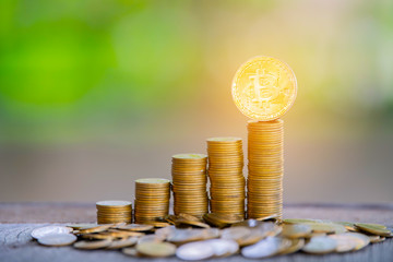 Macro shot of Gold Bitcoin Coins Cryptocurrency Digital Bit Coin BTC . Cryptocurrency trading concept.