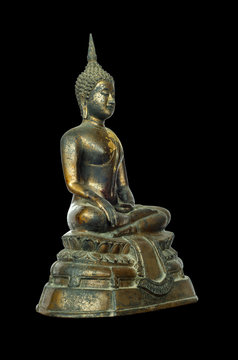 Isometric view Buddha statue  isolated on black  background., Metal statues of Buddha, with clipping path