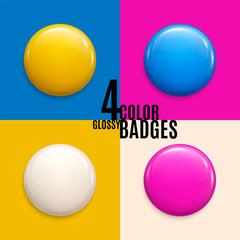 Set of four colorful glossy badges or buttons. Can be used as volunteer label, emblem, round plastic pin. 3d render. Vector.