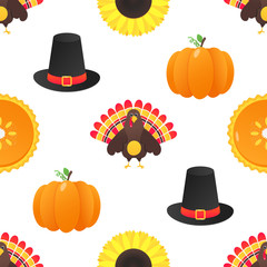 Seamless colorful thanksgiving pattern with turkey bird, pumpkins, sunflowers and the hat on it flat style design vector illustration isolated on white background