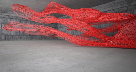 Empty dark abstract concrete smooth interior with red wires. Architectural background. 3D illustration and rendering