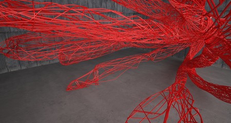 Empty dark abstract concrete smooth interior with red wires. Architectural background. 3D illustration and rendering