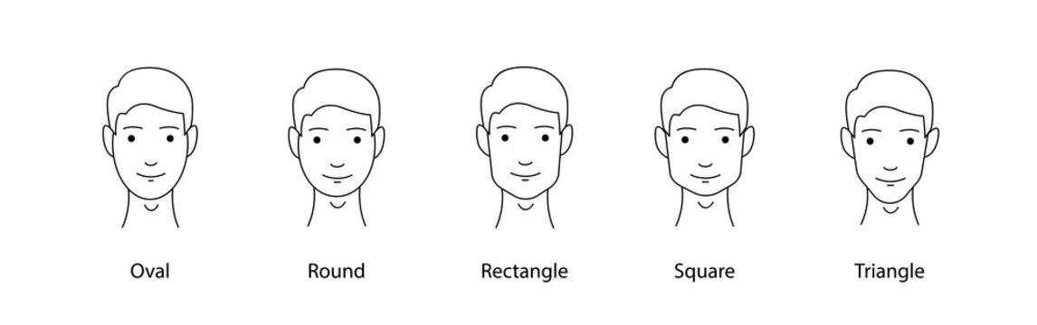 Set of vector face shapes. Oval, triangle, round, square, rectangle. Different types of men faces. 