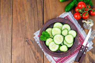 Vegetarian diet salad of fresh cucumber slices.