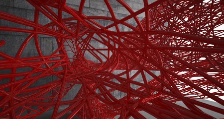 Empty dark abstract concrete smooth interior with red wires. Architectural background. 3D illustration and rendering