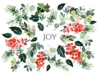 Christmas watercolor postcard.Christmas watercolor card with floral elements