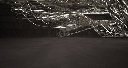 Empty dark abstract brown concrete room smooth interior with beige wires. Architectural background. Night view of the illuminated. 3D illustration and rendering