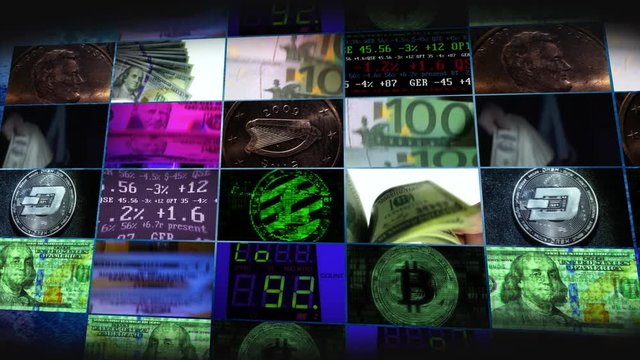 Money coins bitcoin stock exchange monitor wall background montage