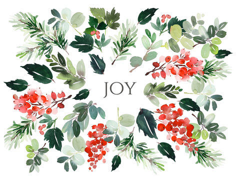 Christmas Watercolor Postcard.Christmas Watercolor Card With Floral Elements