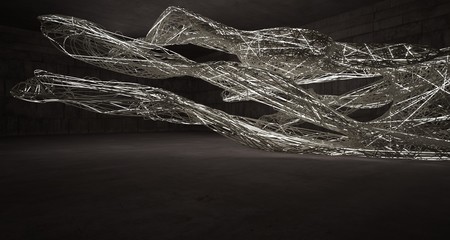 Empty dark abstract brown concrete room smooth interior with beige wires. Architectural background. Night view of the illuminated. 3D illustration and rendering