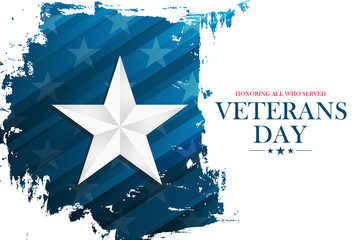 United States Veterans Day celebrate banner with silver star on brush stroke background. USA national holiday vector illustration.
