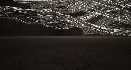Empty dark abstract brown concrete room smooth interior with beige wires. Architectural background. Night view of the illuminated. 3D illustration and rendering