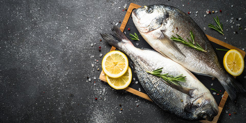 Raw dorado fish on black background.