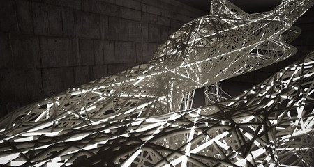 Empty dark abstract brown concrete room smooth interior with beige wires. Architectural background. Night view of the illuminated. 3D illustration and rendering