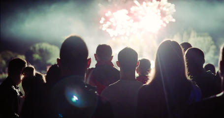 Crowd watching fireworks and celebrating new year eve