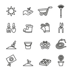 Garden and gardening tools and objects icons set with white background. Thin line style stock vector.