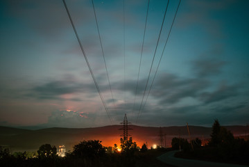 Power line at sunset. Electricity