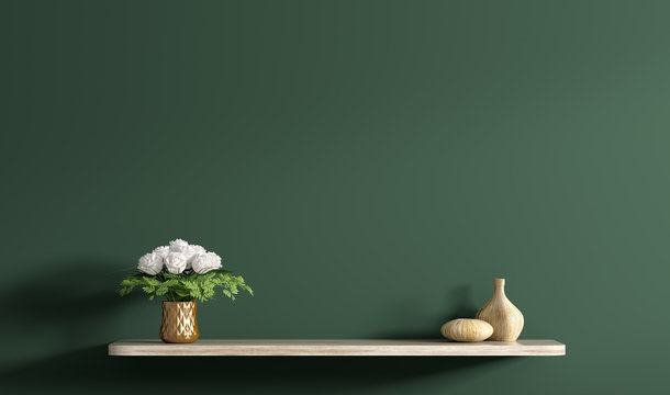 Shelf With Bouquet Of White Roses In Copper Vase Over Dark Green Wall 3d Rendering