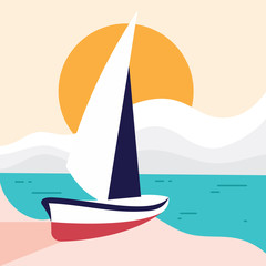 Fototapeta premium Simple beach landscape with sailboat for element design in flat style