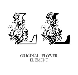  Elegant initial letters L in two color variations with botanical element. Vector letters logo design template set. Alphabet label sign for company branding and identity.Unique concept type as logotyp