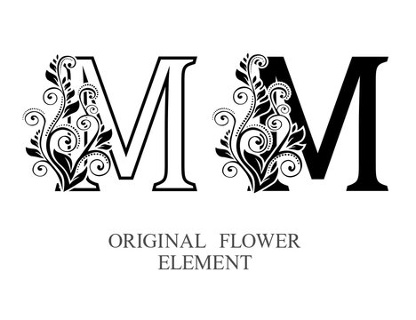  Elegant initial letters M in two color variations with botanical element. Vector letters logo design template set. Alphabet label sign for company branding and identity.Unique concept type as logotyp