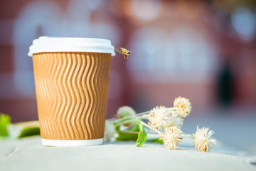 Paper cup with coffee. Dry flowers on brown background. Bright summer good morning. A bee flies near a coffee cup. Brown paper cup with plastic white lid.