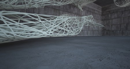 Empty abstract brown concrete room smooth interior with beige wires. Architectural background. 3D illustration and rendering