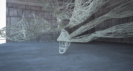 Empty abstract brown concrete room smooth interior with beige wires. Architectural background. 3D illustration and rendering