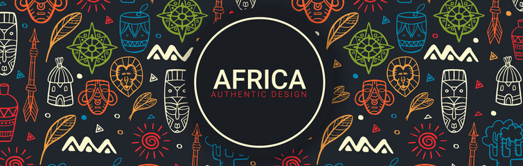 Africa banner. Safari Park. Colorful illustration with hand draw doodle Background.