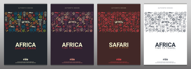 Set of Africa banners. Safari Park. Colorful illustration with hand draw doodle Background. © leo_d
