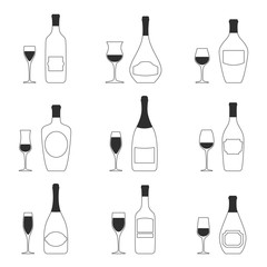 Vector set of 9 different wineglasses and 9 bottles silhouettes. Isolated objects on white background. Fully editable glasswares collection for packaging, decor, menu, wine list design.