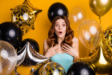Photo of surrounded by many balloons lady having best bday ever wear tank-top isolated yellow...