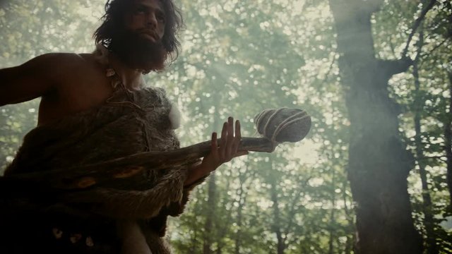 Primeval Caveman Wearing Animal Skin Holds Stone Hammer Looks Around Prehistoric Forest, Ready to Hunt Animal Prey. Neanderthal Going Hunting into the Jungle. Dramatic Low Angle Arc Shot
